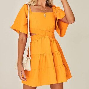 SHY VELVET Women's Summer Mini Dress- Square neck,Short Sleeves,Cross Over Waist